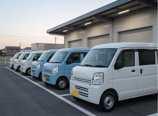 配送用軽バンが並ぶ車庫