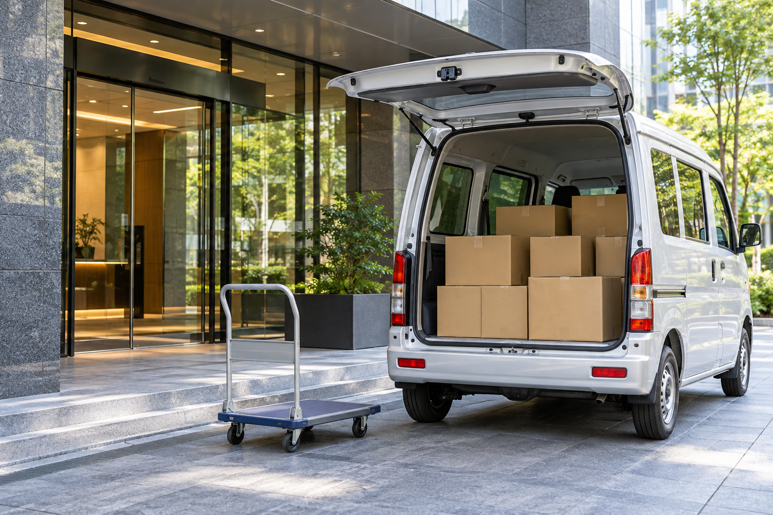 企業の入口で荷物を運ぶ配送員
