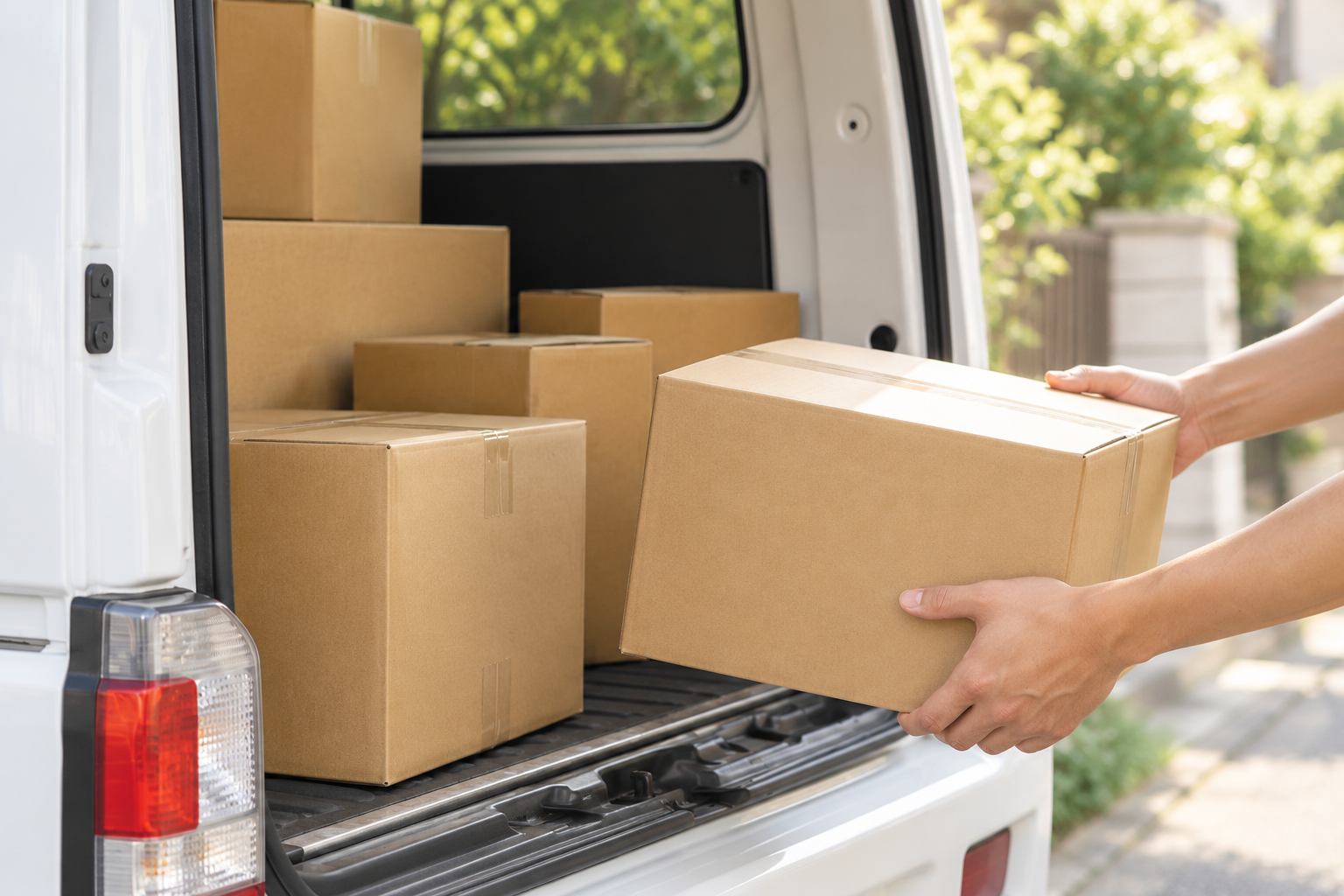 白い軽貨物車に段ボールの荷物を丁寧に積み込む手元