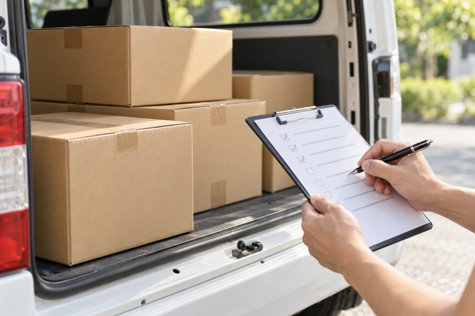 軽貨物車の荷物と配送チェックリストを確認する手元